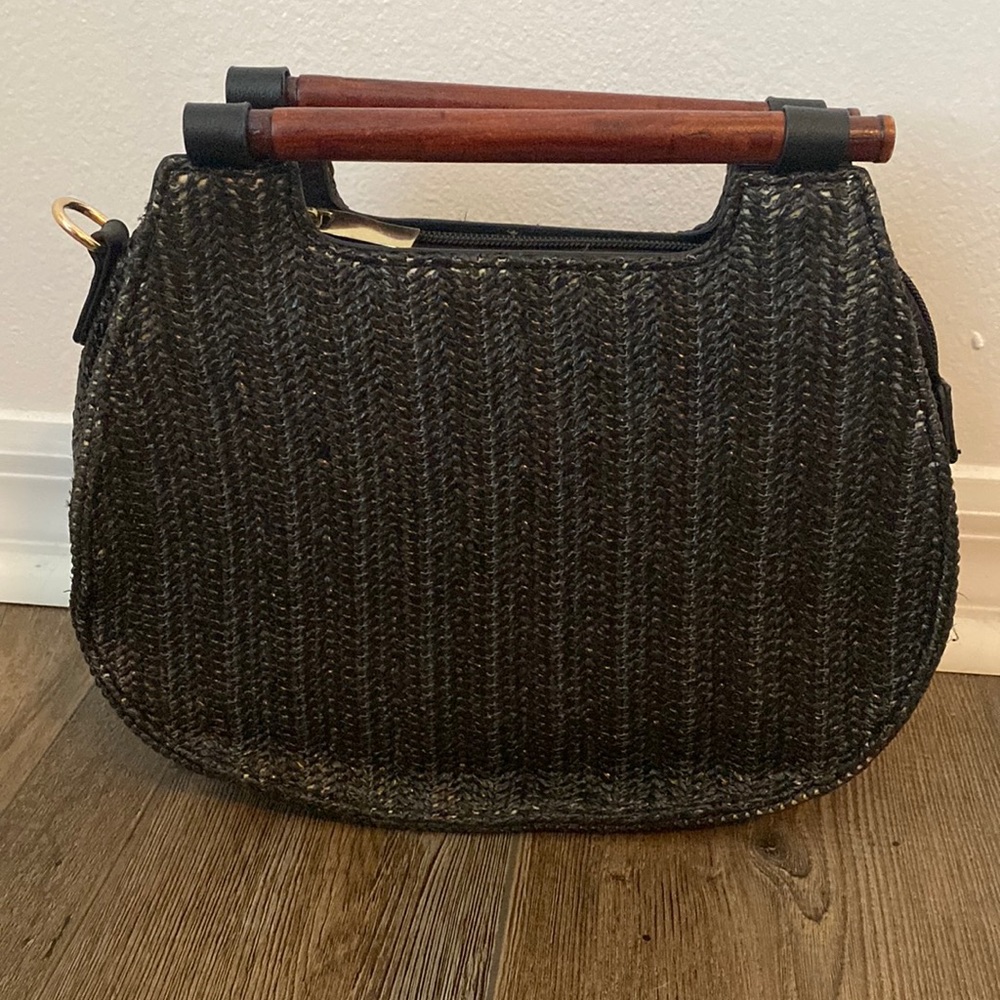 Black straw wood handle vintage ladies purse summer bag medium size woven handba